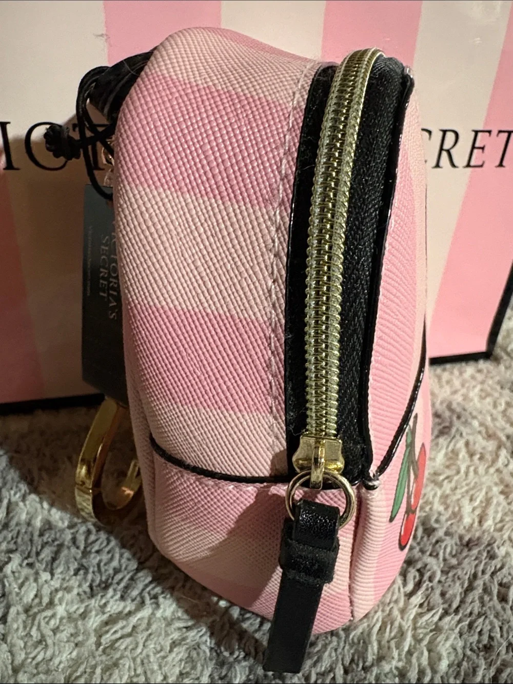 Victoria's Secret Pink Mini Backpack Bag Charm Cherry & 'Love' Graphic